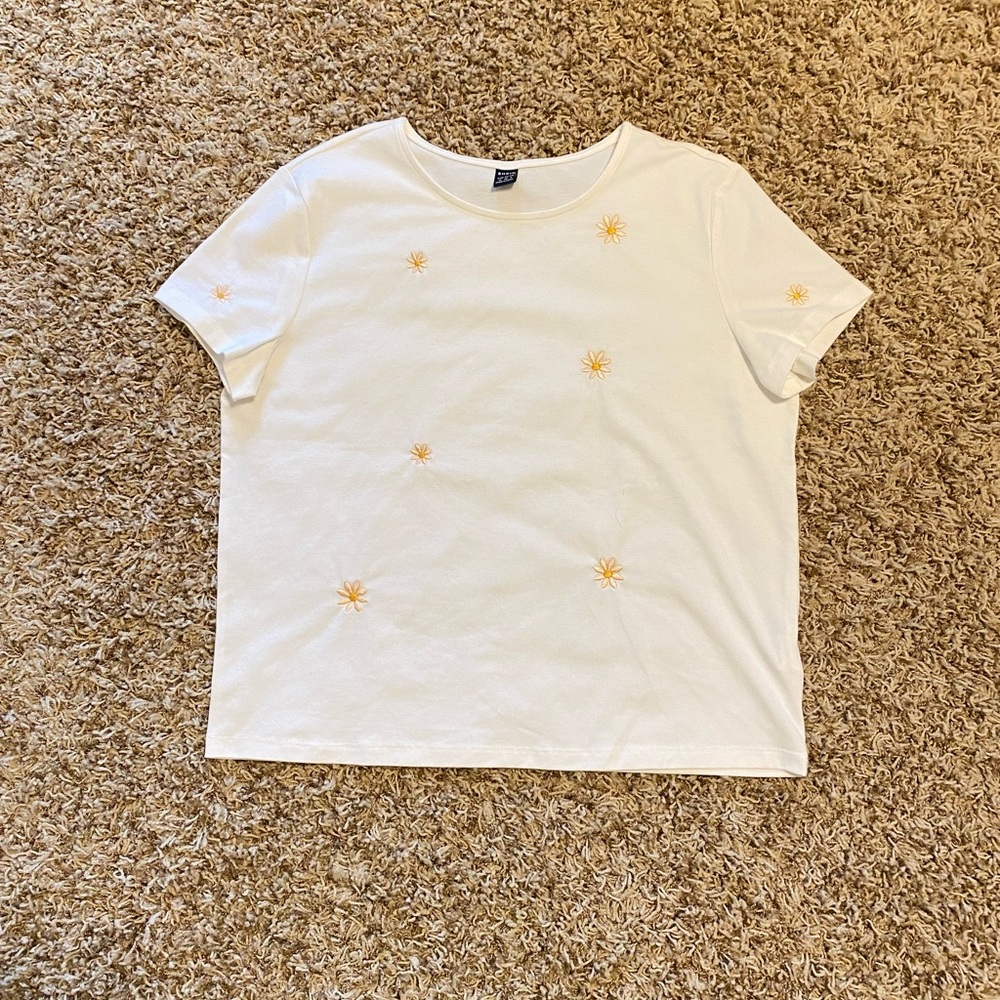 Off White T-Shirt with Peach Embroidered Flowers